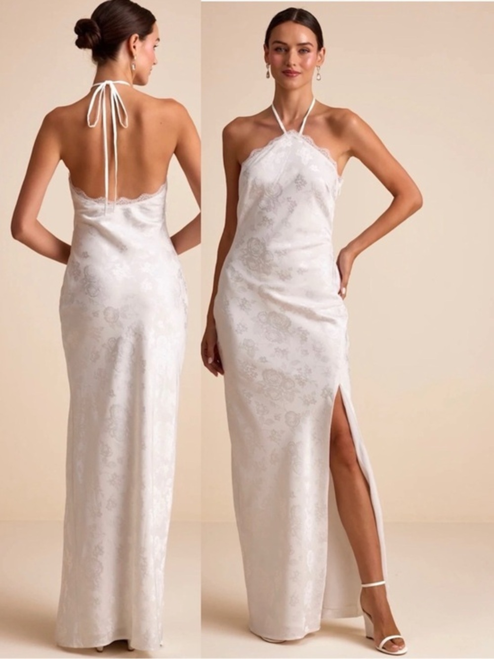 NWT Lulu’s Emeris White Satin Jacquard Lace Halter Maxi Wedding Dress Small Chic